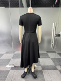 Round Neck Buttons Decorated Irregular Slit Hem Pleated Dress
