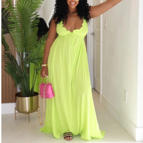 Drawstring Lace V-neck Solid Color Suspender Loose Dress