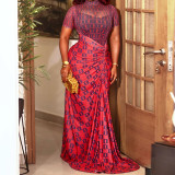 Tight Waist Perspective Splicing Versatile Hip Skirt Pleated Printed Turtleneck Long Dress