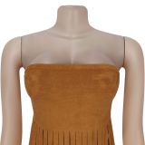 Deerskin Velvet Sexy Strapless Solid Color Tassel Top