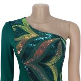 Tight Single Shoulder Bead Piece Arm-pack Jumpsuit