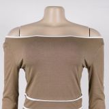 One shoulder Slanted Collar Elastic Splicing High Waist Wide-leg Long Trousers Long Sleeves Two-piece Set