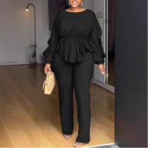 Elastic Slim Lace Drawstring Long Sleeve Waist-hugging Two-piece Set