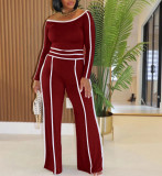 One shoulder Slanted Collar Elastic Splicing High Waist Wide-leg Long Trousers Long Sleeves Two-piece Set