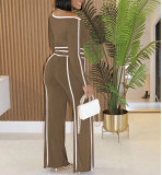 One shoulder Slanted Collar Elastic Splicing High Waist Wide-leg Long Trousers Long Sleeves Two-piece Set