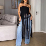 Deerskin Velvet Sexy Strapless Solid Color Tassel Top