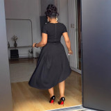 Round Neck Buttons Decorated Irregular Slit Hem Pleated Dress