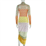 Belly and Hip Skirt Color-blocking Micro-transparent High-neck Long-sleeved Dress