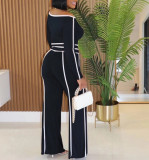 One shoulder Slanted Collar Elastic Splicing High Waist Wide-leg Long Trousers Long Sleeves Two-piece Set