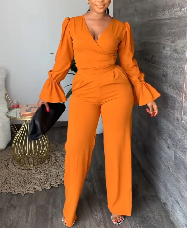 Casual V-neck straps long sleeve flared cuffs solid color two-piece set