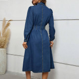 Temperate Denim Waist-closed Long-sleeved Dress
