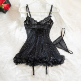 Lace Mesh Spliced Sequin Suspender Nightgown Suit
