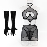 Hollow and Gathered Perspective Backless Buttock Dress Gloves Three-piece Set