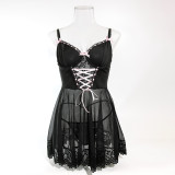 Lace Spliced Bow Ribbon Dress Nightgown Two-piece Set