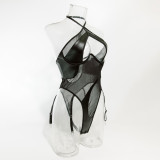 Mesh PU Leather Splicing Perspective Jumpsuit