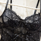 Lace Mesh Spliced Sequin Suspender Nightgown Suit