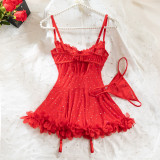 Lace Mesh Spliced Sequin Suspender Nightgown Suit