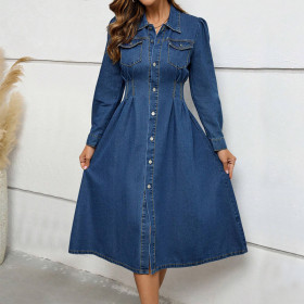 Temperate Denim Waist-closed Long-sleeved Dress