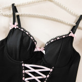 Lace Spliced Bow Ribbon Dress Nightgown Two-piece Set