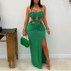 Halve Neck Braided Hollow Sexy Slit Dress