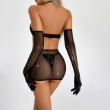 Hollow and Gathered Perspective Backless Buttock Dress Gloves Three-piece Set