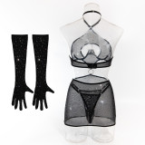 Hollow and Gathered Perspective Backless Buttock Dress Gloves Three-piece Set