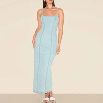 Denim Slit Waist-closing Suspender Dress