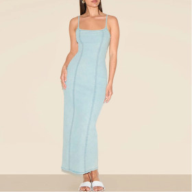 Denim Slit Waist-closing Suspender Dress