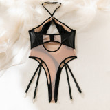 Mesh PU Leather Splicing Perspective Jumpsuit