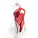 Mesh PU Leather Splicing Perspective Jumpsuit