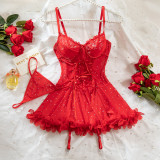 Lace Mesh Spliced Sequin Suspender Nightgown Suit