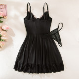 Lace Spliced Bow Ribbon Dress Nightgown Two-piece Set