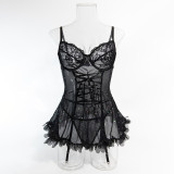 Lace Mesh Spliced Sequin Suspender Nightgown Suit