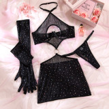 Hollow and Gathered Perspective Backless Buttock Dress Gloves Three-piece Set