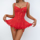 Lace Mesh Spliced Sequin Suspender Nightgown Suit
