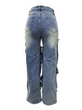 Fashionable Nail Button Denim Decorative Loose Jean Trousers