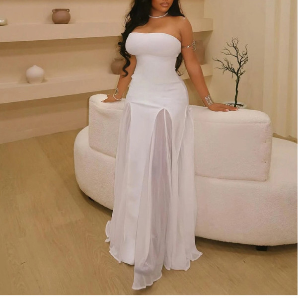 Perspective Strapless Slim A-line Skirt with One-length Collar Solid Color Dress