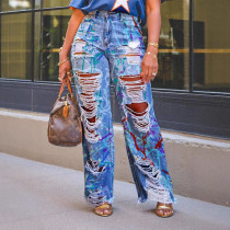 Graffiti Print Ripped Straight Jeans