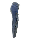 Fashionable Nail Button Denim Decorative Loose Jean Trousers