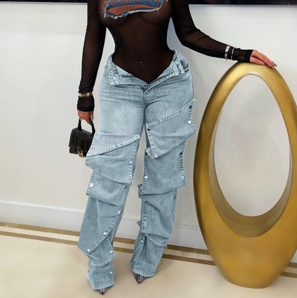 Fashionable Nail Button Denim Decorative Loose Jean Trousers