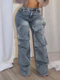 Fashionable Nail Button Denim Decorative Loose Jean Trousers