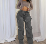 Fashionable Nail Button Denim Decorative Loose Jean Trousers