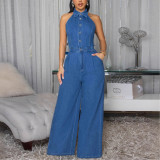 Spliced ​​sleeveless Halter Neck Wide-leg Jeans Jumpsuit Set