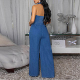 Spliced ​​sleeveless Halter Neck Wide-leg Jeans Jumpsuit Set