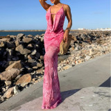 Deep V Suspender Printed Slim Long Dress