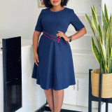 Short-sleeved Solid Color High-waisted Large Sway Dress