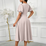 Puff Sleeves Elegant High Waist Solid Color Round Neck Big Hem Dress