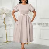 Puff Sleeves Elegant High Waist Solid Color Round Neck Big Hem Dress