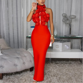 Big Flower Evening Dress with Halter Neck