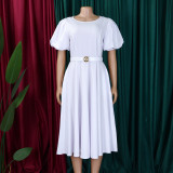 Puff Sleeves Elegant High Waist Solid Color Round Neck Big Hem Dress
